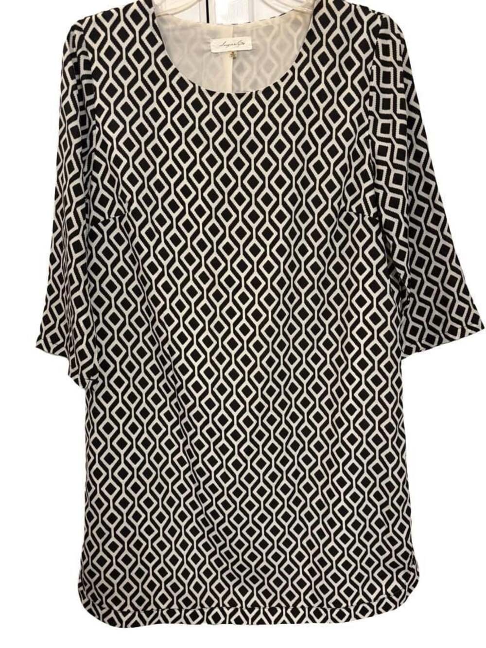 Sugarlips Black and White Geometric Diamond Print Shift Dress 3/4 sleeves M